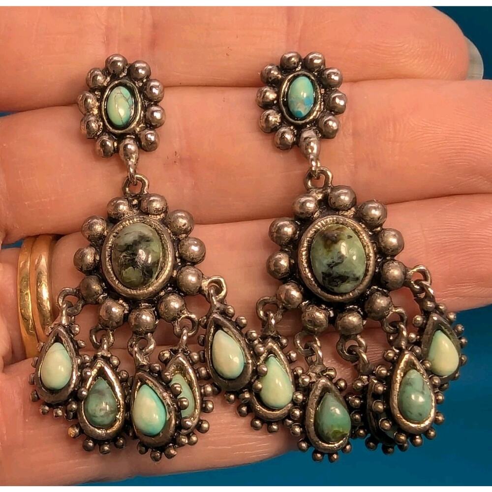 Graziano Natural Stone Turqoise Veined Post Dangle/Drop Earrings Signed